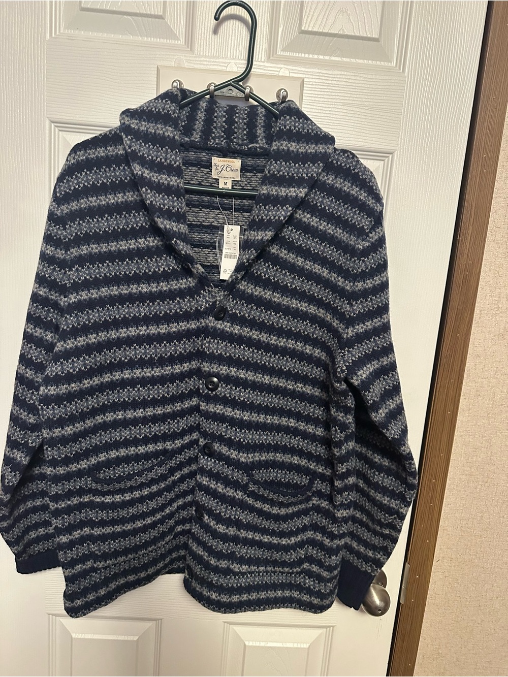 J. Crew Navy and Gray Striped Hooded Button-Front Cardigan 100%lambs’ wool I’m